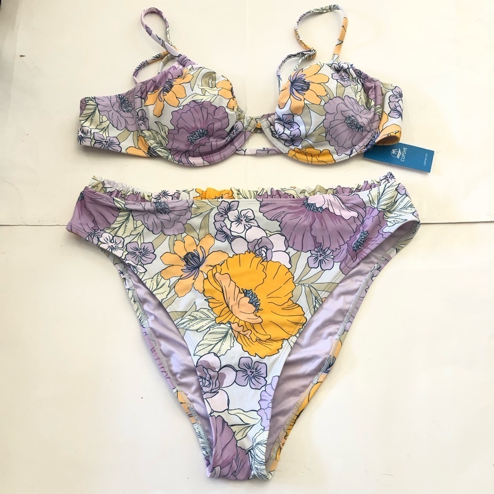 Women's Cupshe Floral Print Underwire Top & High Waist Cheeky Bikini Set Size XL - Picture 5 of 16